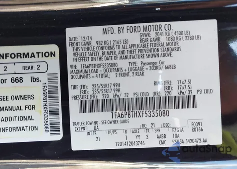 2015 Ford Mustang Ecoboost из США, поврежденный, VIN 1FA6P8THXF5335080